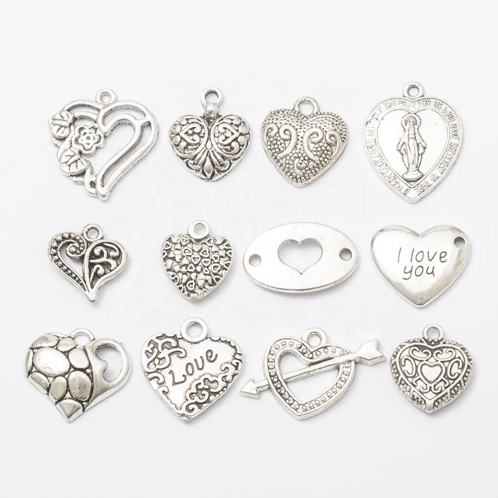 Amuletos de corazón de estilo mixto, hechos a mano, artesanal, colgante, ajuste, Vintage tibetano, bronce, plata, para pulsera, collar