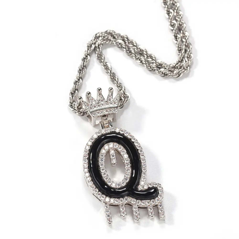 Wholesale Alphabet Crown Bail Drip Bubble Letter brass Zircon Water Drop Custom Name pendant necklace