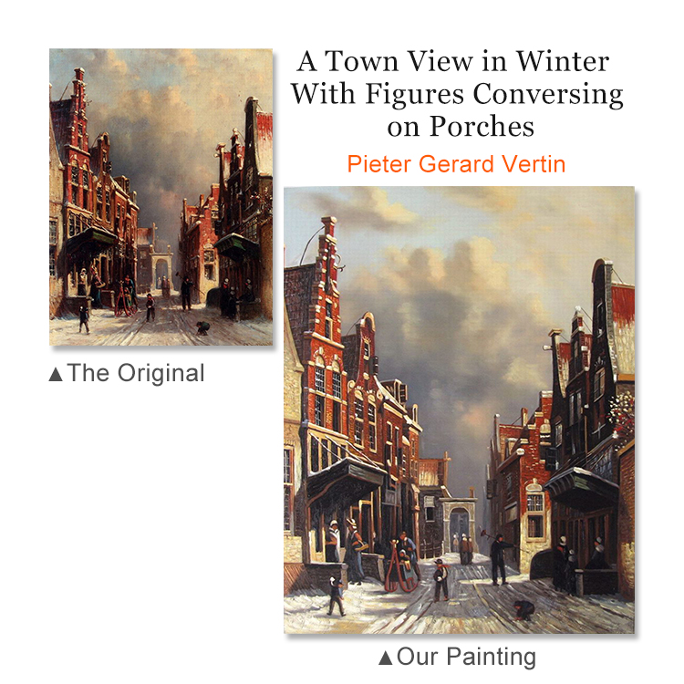 Une vue de la ville en hiver avec des personnages qui se rapportent sur les porches