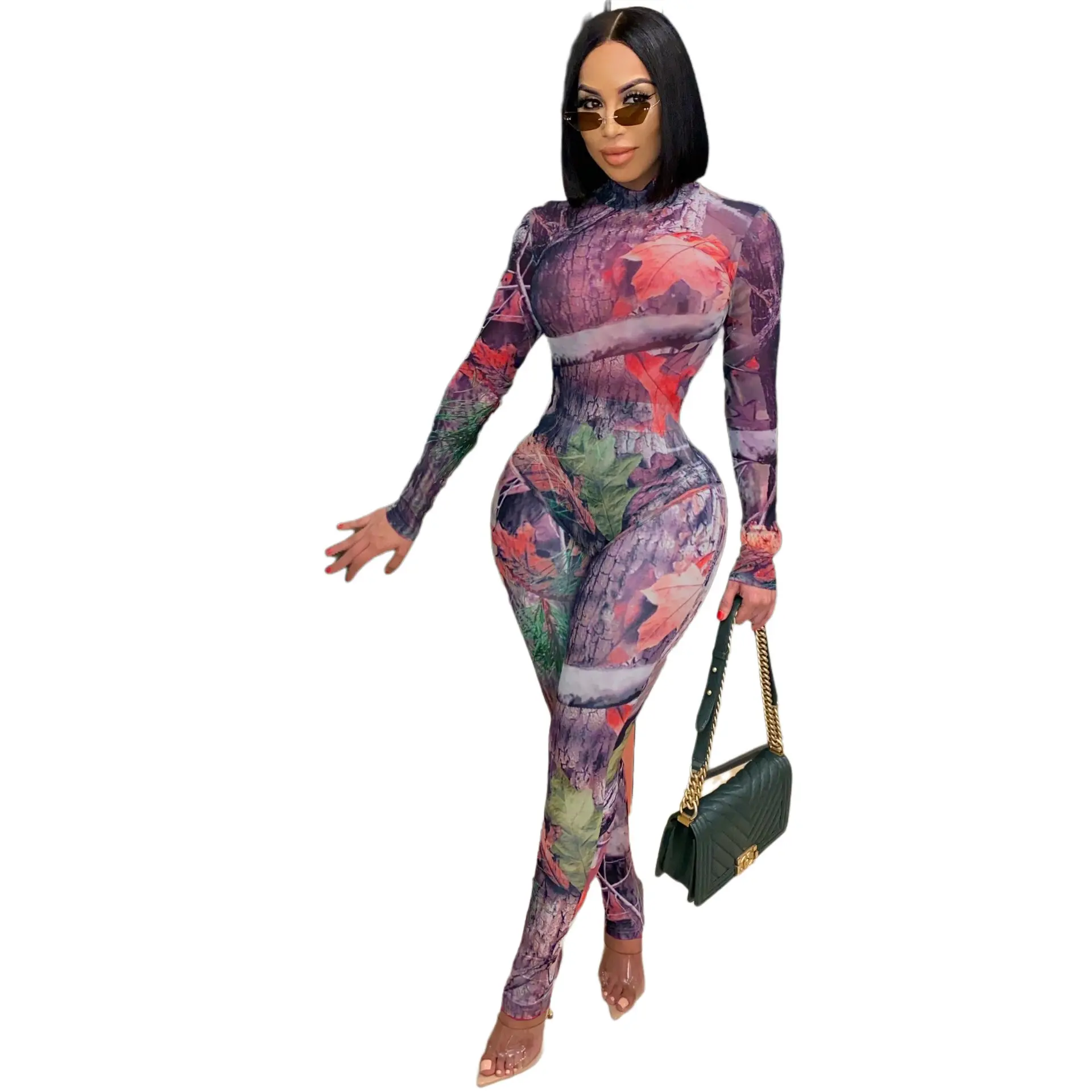 Dropshipping Otoño e Invierno Club Wear Manga larga Impresión digital Slim One Piece Woman Jumpsuit