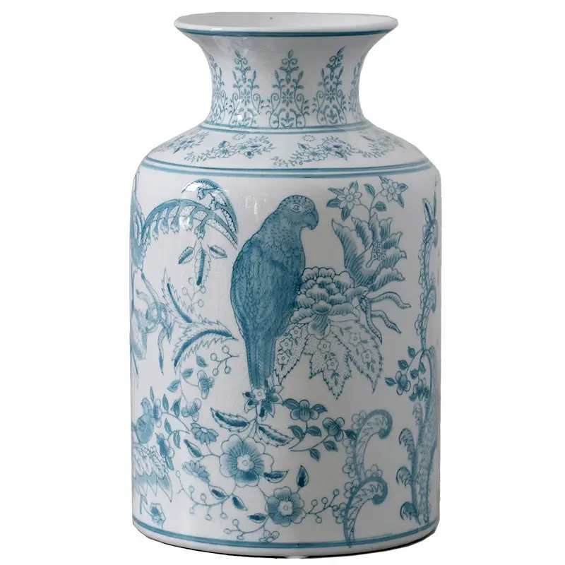 Vase en porcelaine bleu et blanc à motif de fleur de perroquet ornements décoratifs en céramique de style chinois