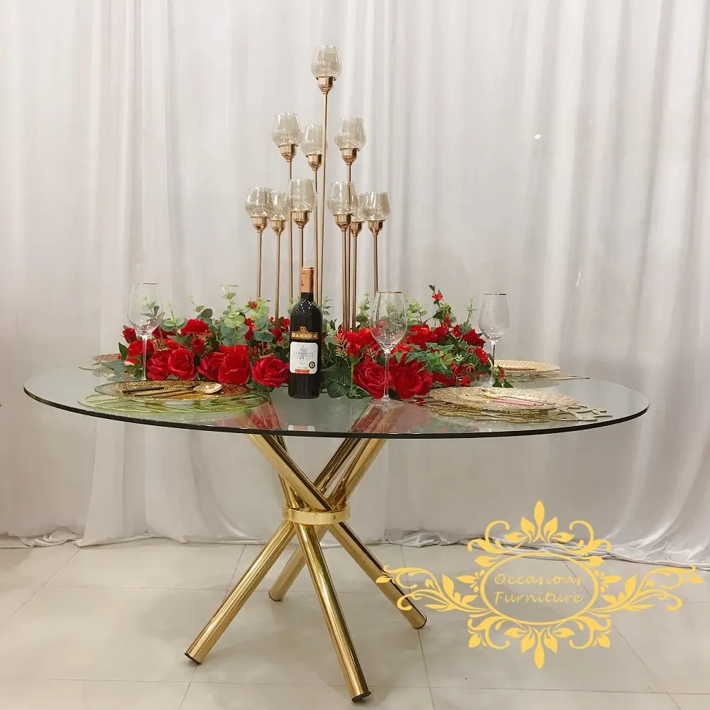 Close Up base Golden wedding Table with Clear Glass Top round dining table cake display