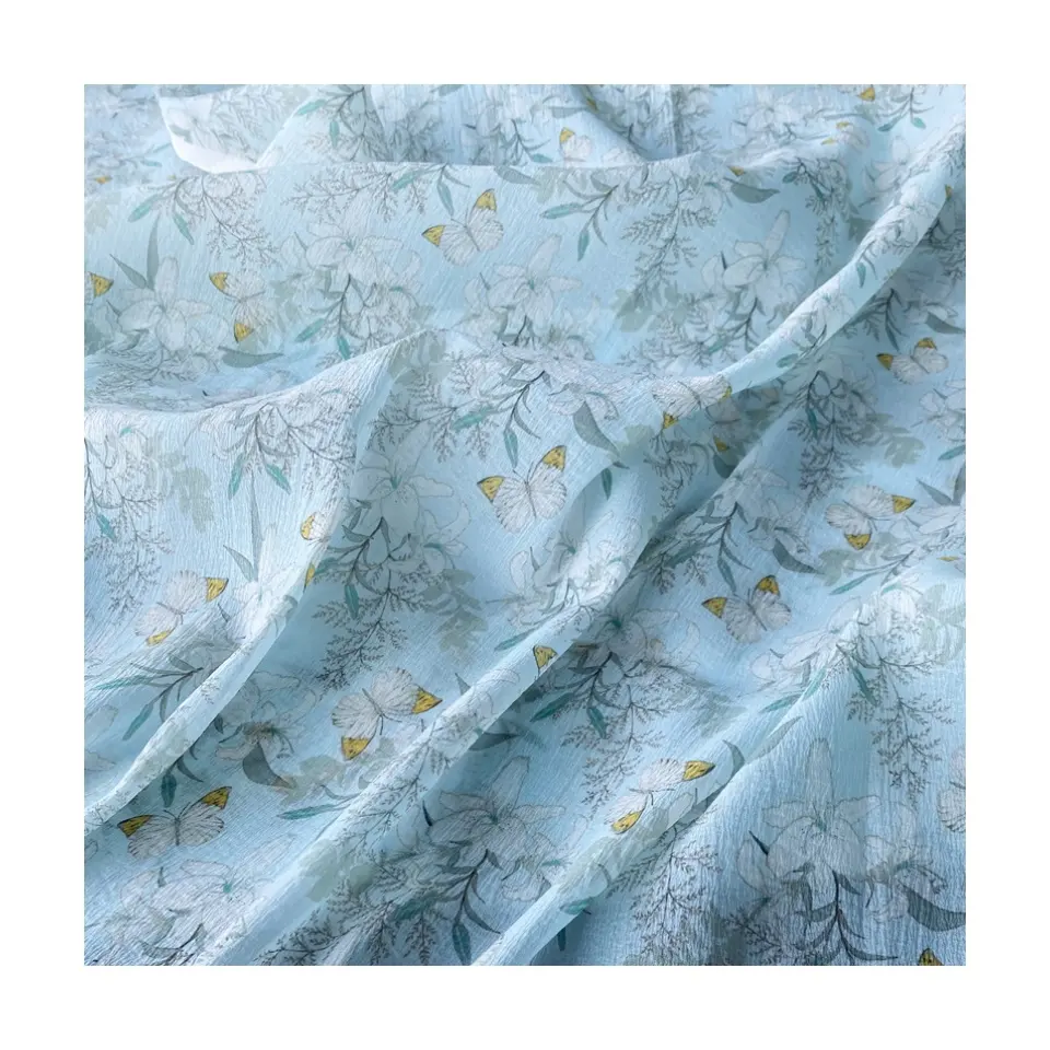 Tela de seda de imitación de poliéster 100% con estampado de volantes de hojas de estilo fresco Floral transpirable de alta calidad para vestidos