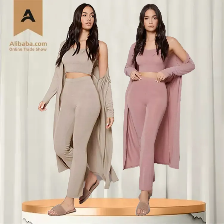 Custom Solid Cozy Lounge Wear Mulheres Set Pijamas De Bambu Robe Viscose 3 Peças Senhoras Modal Loungewear Pijamas Roupas