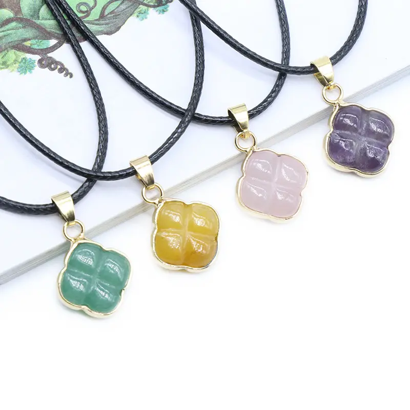 Natural Stone Luck Four-Leaf Flower Pendant Healing Crystal Agate Semi-Precious Gemstone Carved Flower Necklace for Her Gift