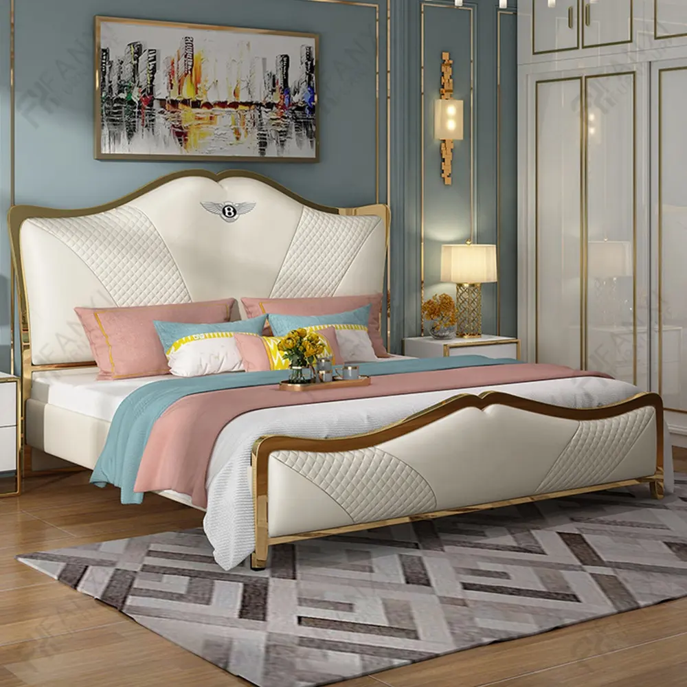 Fábrica Fanxi muebles de dormitorio oro Acero inoxidable king size últimos diseños de cama de metal marco de cama de metal camas de metal