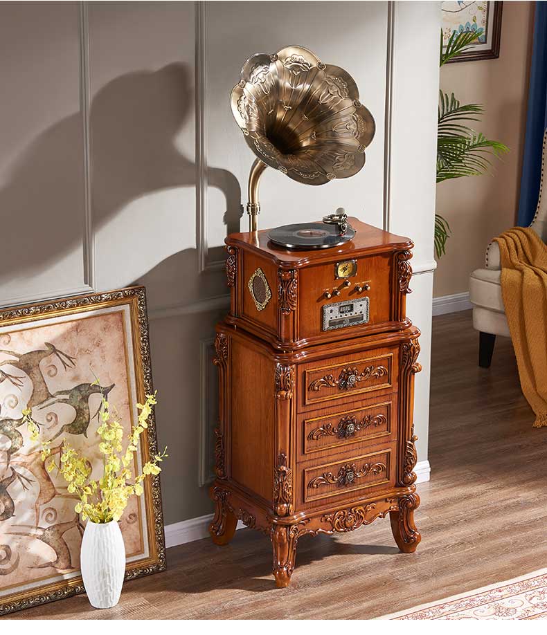 vintage design Wooden desktop record player vinyl and gramophon turntable phonograph in western style restaurant