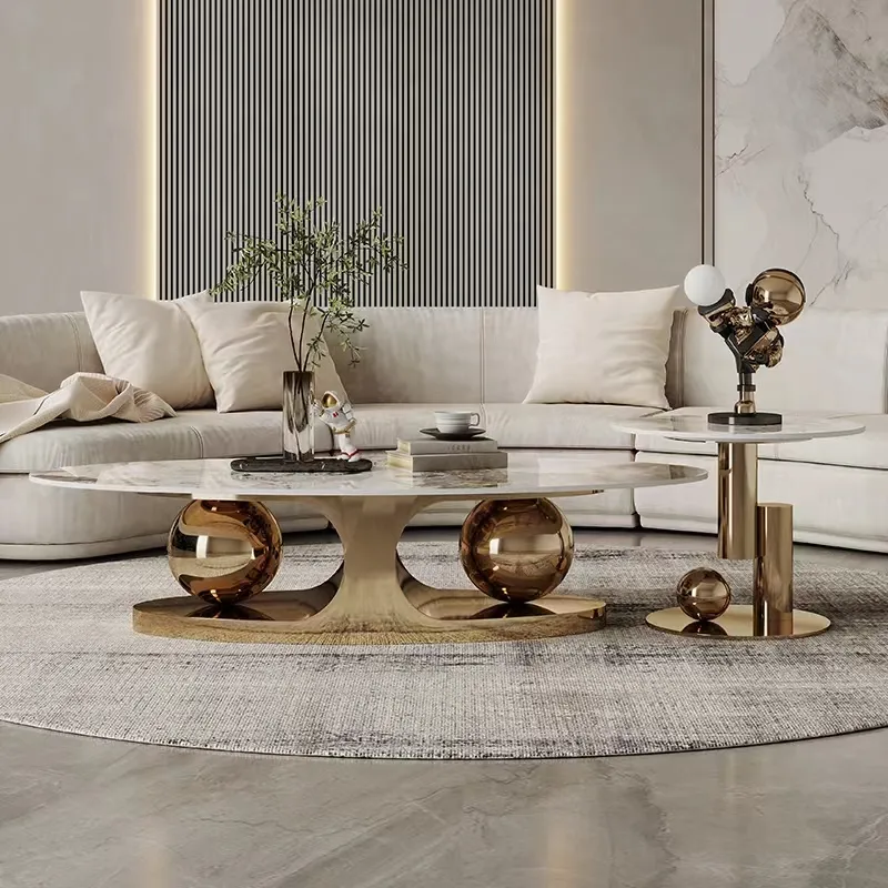 Mesa de centro de lujo de alta calidad, mueble moderno para sala de estar, mesa de centro de Metal con tapa de mármol