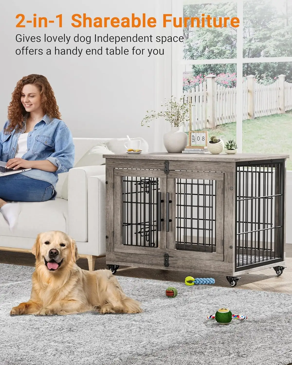 Indoor Eindtafel Huisdier Huis Duty Dubbele Deuren Houten Hondenkooi Hond Krat Meubels Met Kussen & Wielen