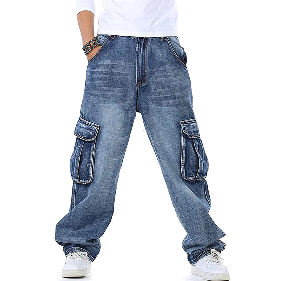 Calça jeans masculina solta com zíper, perna larga personalizada, vintage, lavada com bolsos de carga