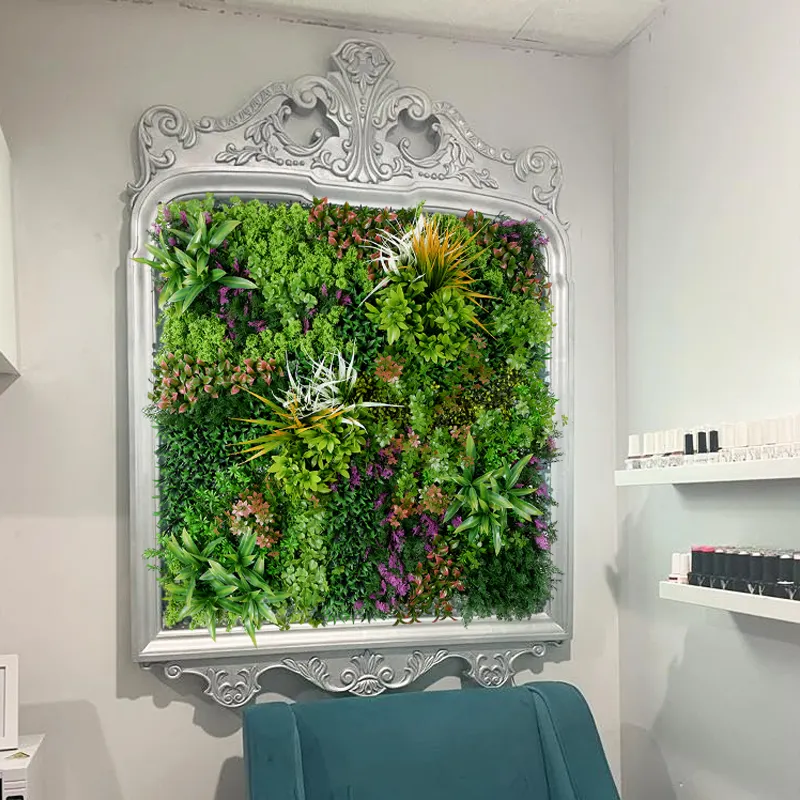 Toptan ev dekor en iyi Mix yapraklar çiçekler çim duvar plastik bitkiler yapay yeşil duvar