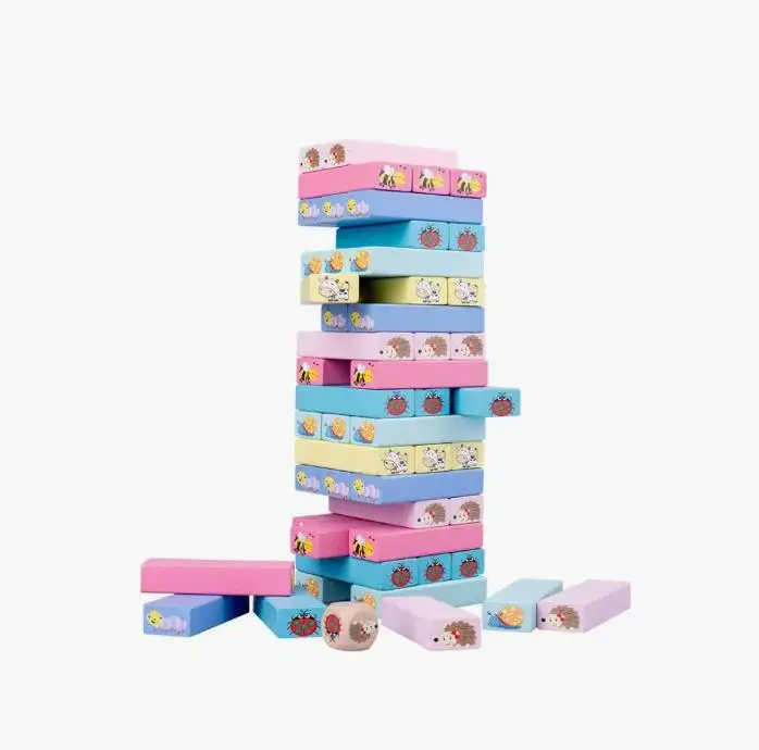 Juego de bloques de construcción de madera Montessori para niños, macarrón color madera de construcción con diseño de juguete, 51 piezas