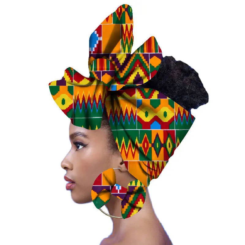 Pañuelo Africano para la cabeza, ropa africana, Tela con estampado de cera 100%, turbante con pendientes, gran oferta