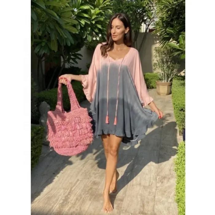 Tela de rayón ombré rosa para mujer, bonito vestido de caftán con dobladillo de volantes teñido a mano, Poncho para cubrir la playa, bonito