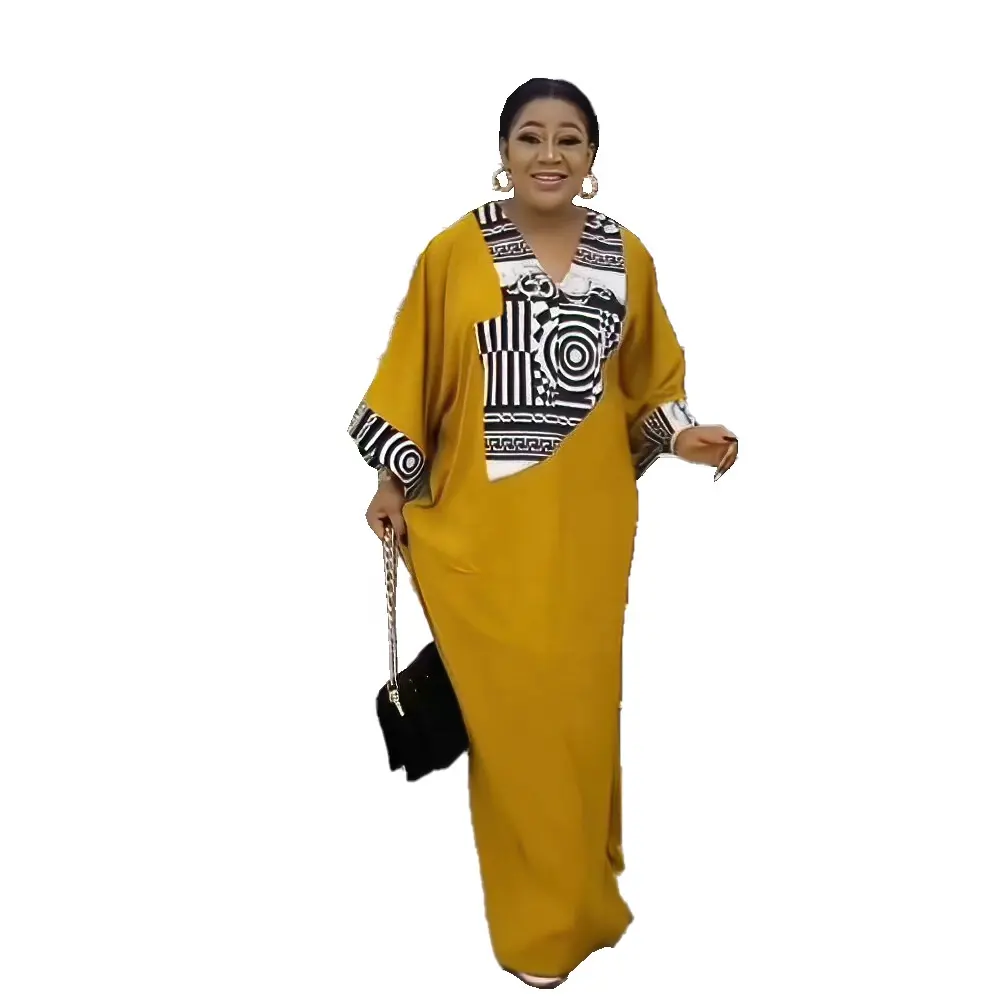 Venda quente Laranja Ankara Maxi Vestido V-neck Africano Vestuário Para Mulheres chartlet Africano Vestido Longo