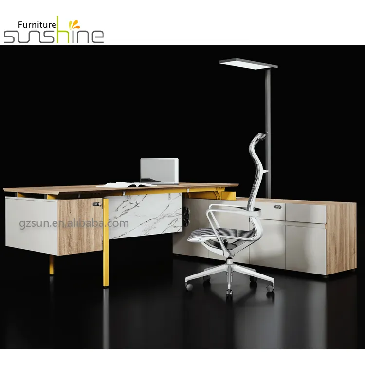 Office Furniture L-shaped Modern Mfc Office Table Executive Desk With Hanging Cabinet
