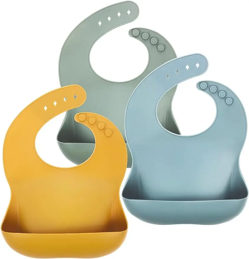 Baberos de silicona de grado alimenticio para bebés y niños pequeños (6-72 meses) sin BPA Unisex suave ajustable ajuste impermeable alimentación Baberos para bebés