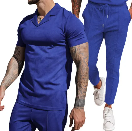 Yeni varış erkekler yaz plaj gömlek düz 2 parça yarım fermuar polo t Shirt pantolon setleri suits