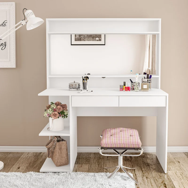 White Dressing Table with Light Bulbs with 2 Drawers and 3 Shelves
