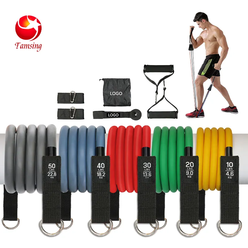 Vendita calda 11 pezzi fascia di resistenza in gomma elastico Fitness Set con manici, gambe cinturini alla caviglia e borsa per il trasporto