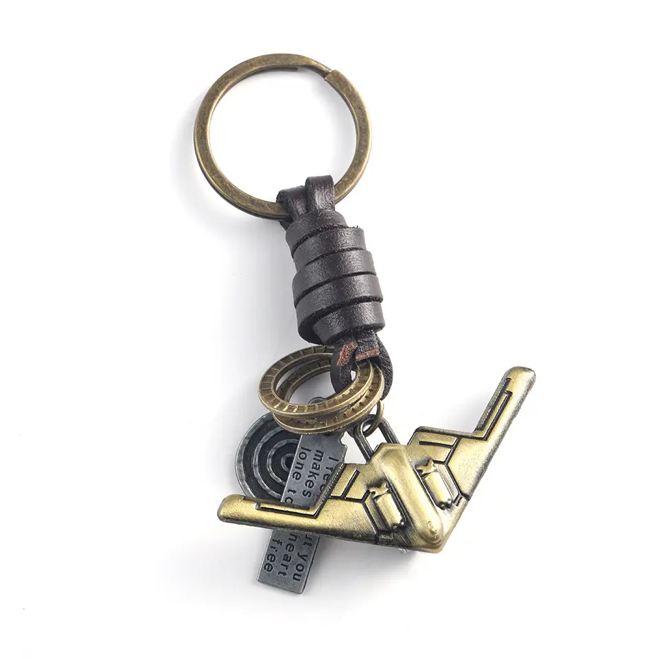 Retro Bronze Punk Metal Keychain Airplane Motorcycle Bike Keyring Woven Cow Leather Car Fob Key Chain Backpack Bag Pendant Gift