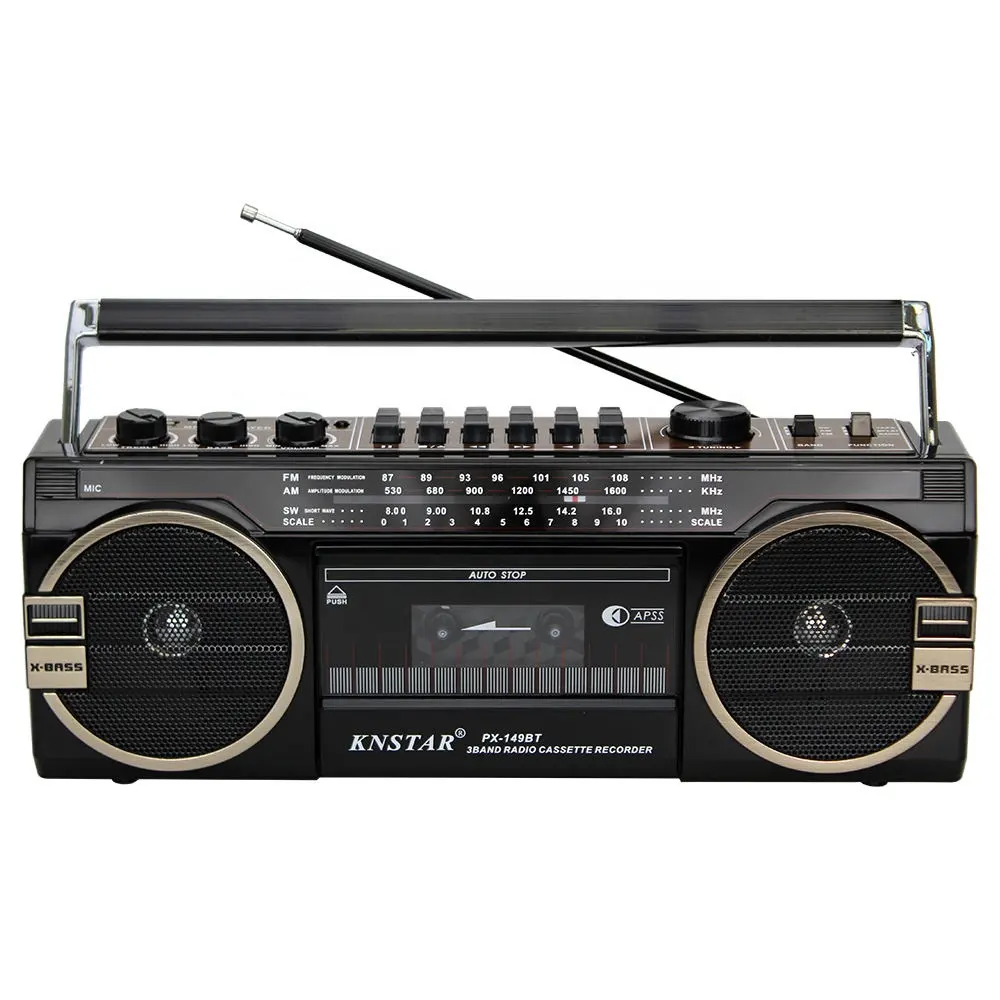 Radio retro con grabadora de cassette, altavoz vintage de estilo antiguo, conector para auriculares, altavoces Bluetooth
