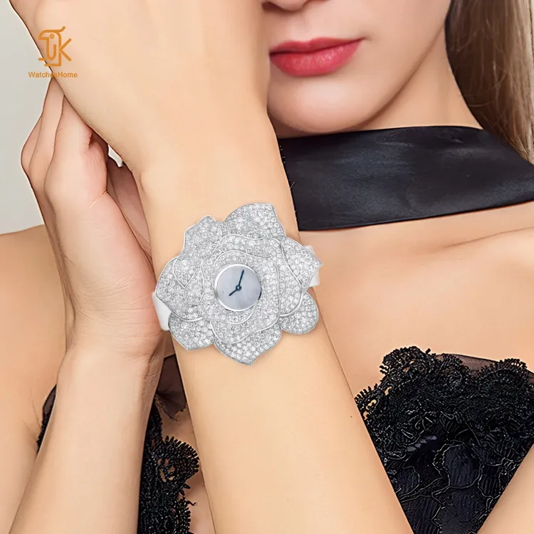 Jam tangan Moissanite wanita, arloji berlian perak mewah kustom otomatis bagus Quartz