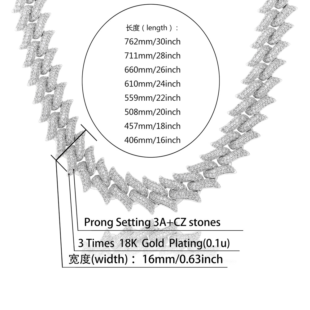 Chaîne cubaine en forme de diamant argentée 16 mm