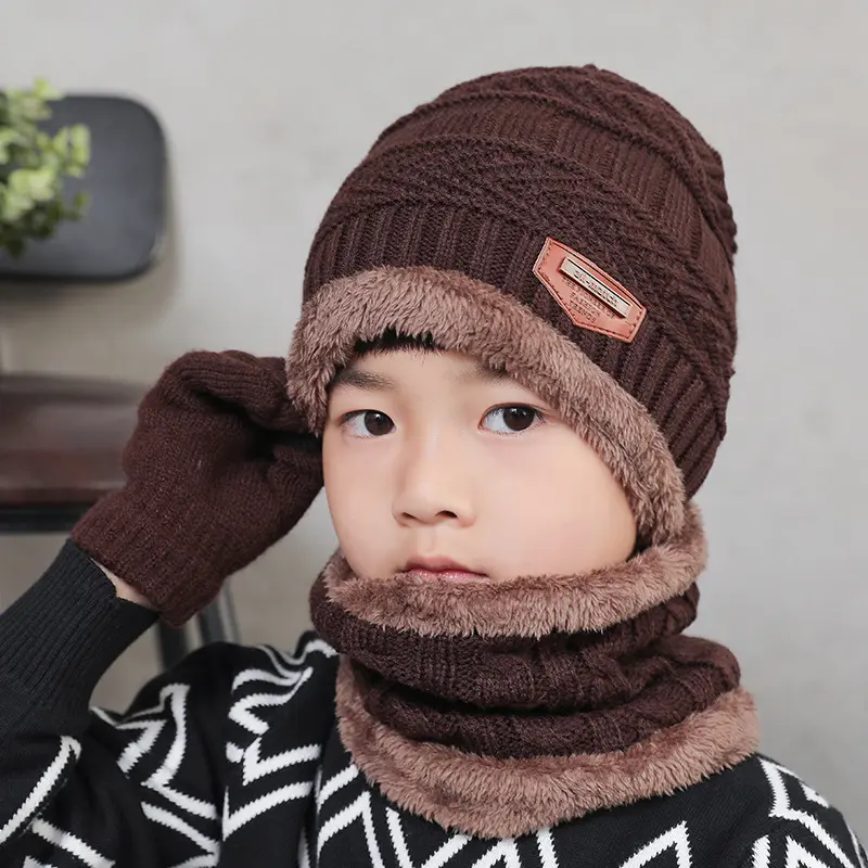 3Pcs/Set Children Thick Wool Scarf Hat Suit Fashion Boys Girls Warm Beanie Caps Kids Autumn Winter Knitted Hats Sets