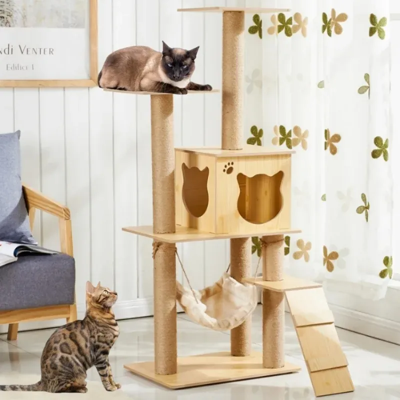 Casa de árbol para gatos multicapa, condominios, torre de madera para gatos con cuerda de sisal, hamaca de tela de felpa, marco de escalada para gatos