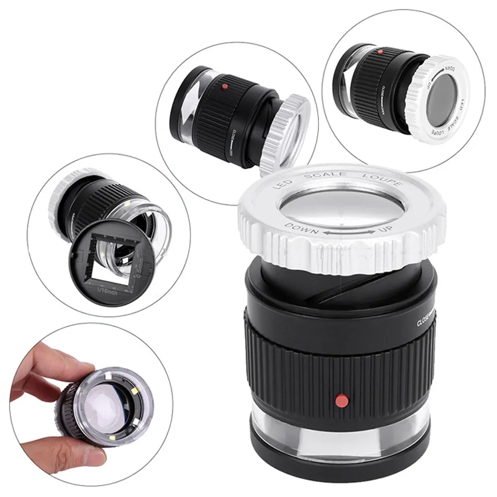 30X lente d'ingrandimento palmare con scala LED luce UV lente d'ingrandimento cilindrica regolabile focale HD strumento per gioielli lettura lente di ingrandimento