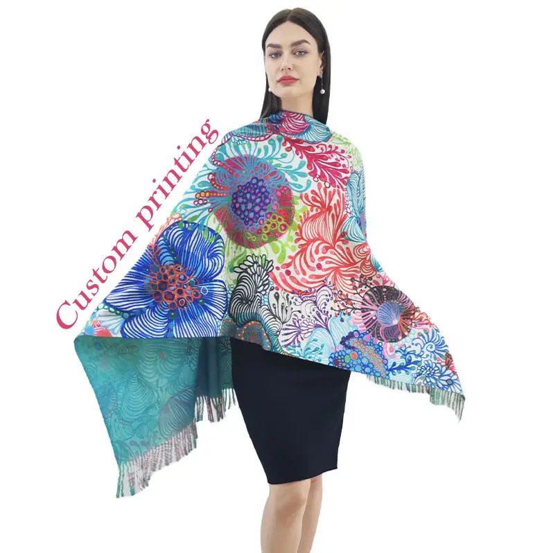 カスタムデジタル印刷ビスコースカシミアタッセルスカーフメーカー冬パシュミナショール女性
