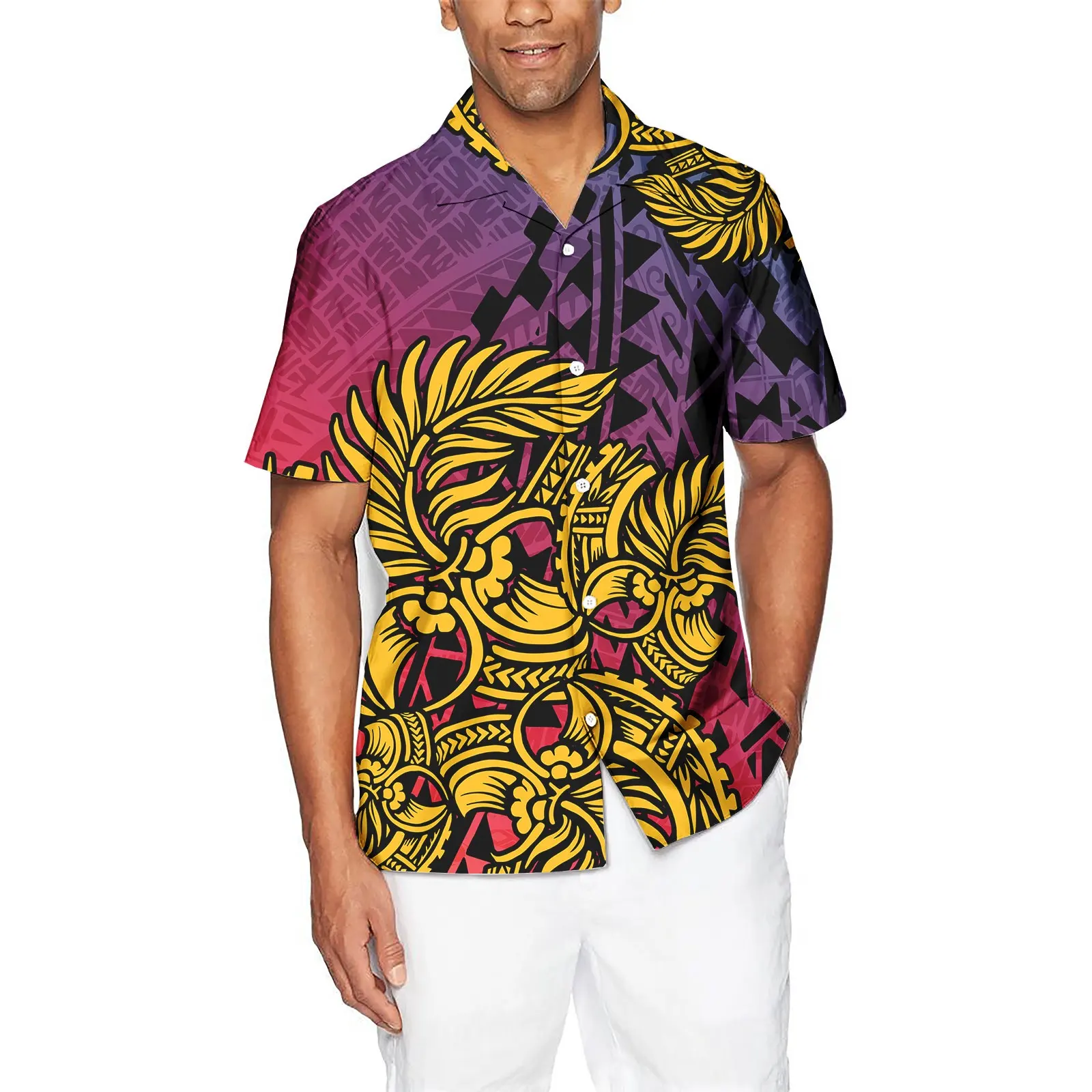 Lieferant Sommer Hawaiian Beach wear Shirts für Männer Großhandel Polynesian Tribal Shirt Luxus Custom Logo Button Up Samoa T-Shirt