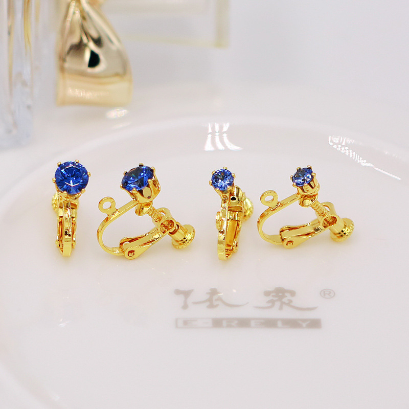 Clips d'oreilles en or véritable 18 carats, zirconium bleu saphir