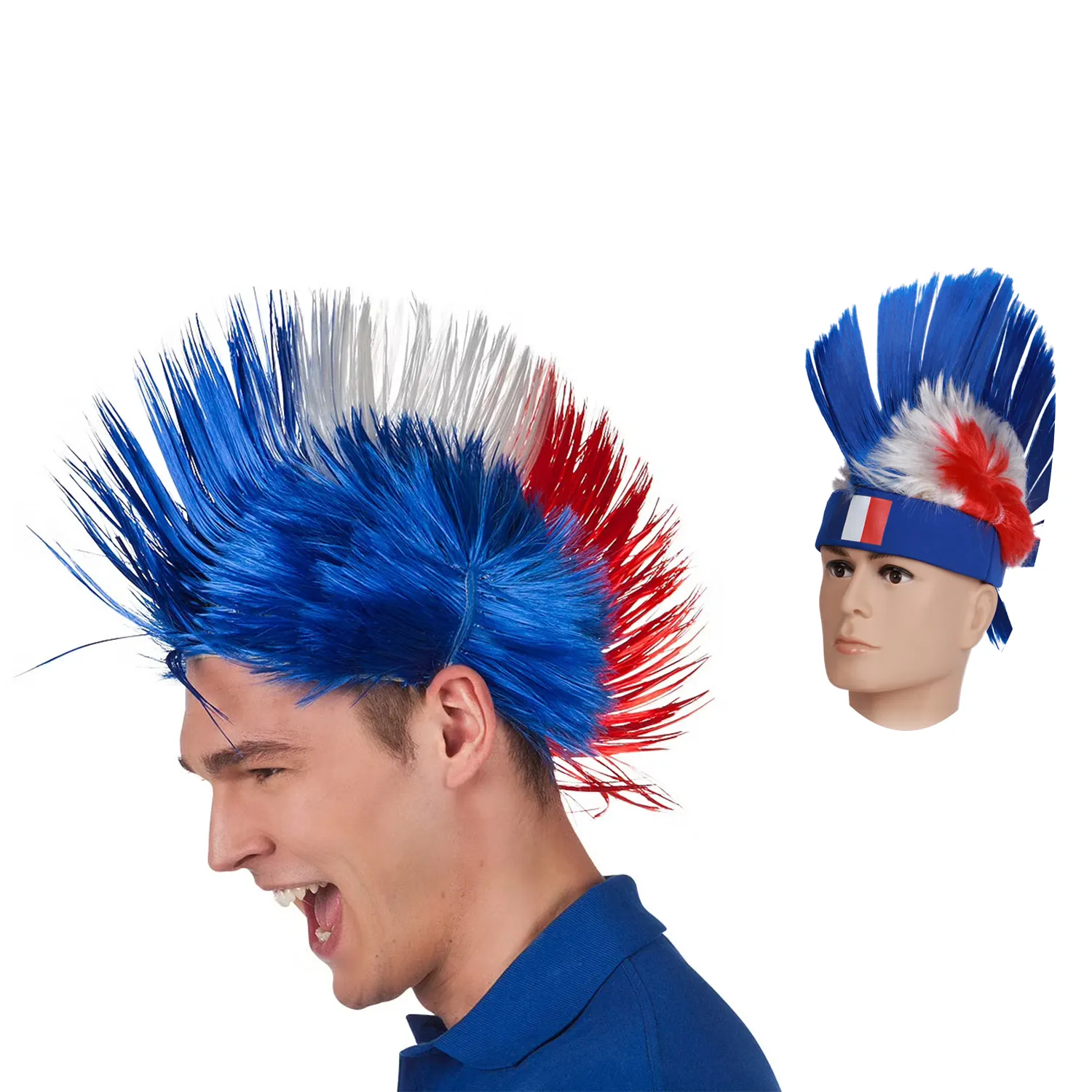 Party carnival day cheering props football rugby France Costa Rica fans mohawk wigs soccer team supporters fan wig