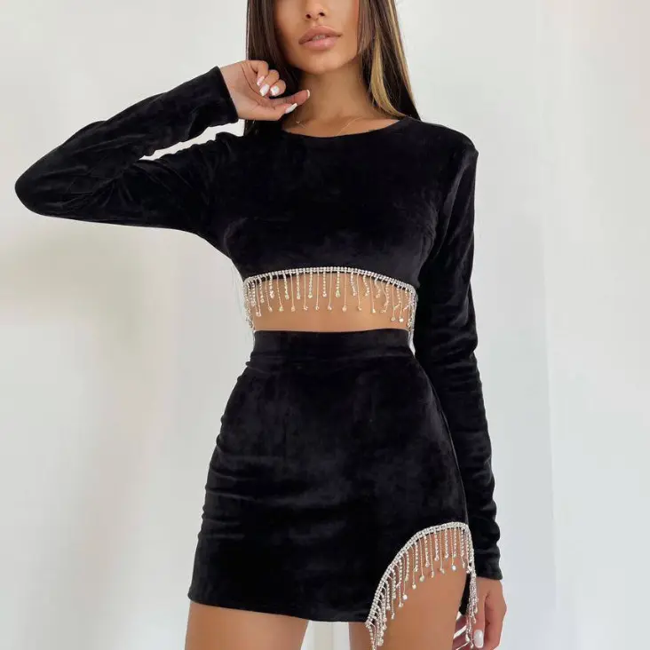 Traje informal con diamantes de imitación, Falda corta de manga larga, ropa de mujer de color sólido, imágenes sexy vintage de mujeres maduras con falda corta