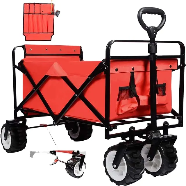 QINGDAO Schwarz Rot Verstellbarer Hoch leistungs klappbarer Wagen aus Plage Camping wagen Strand picknick faltbarer Camping wagen