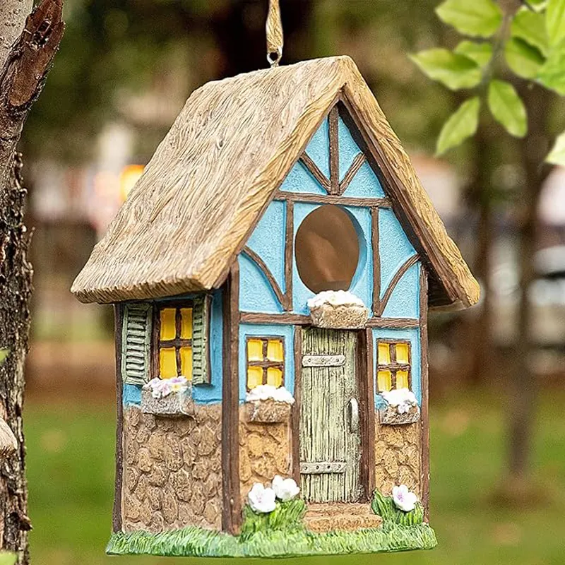 Casas de pájaros pintadas a mano Casa de pájaros de resina, cabaña de pájaros, casa de pájaros para exterior Interior jardín decoración de patio trasero