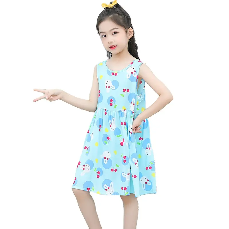 कपास रेशम पायजामा पोशाक गर्मियों में मध्यम और बड़े बच्चों की पतली बिना आस्तीन का पोशाक लड़की के कृत्रिम कपास घर पोशाक