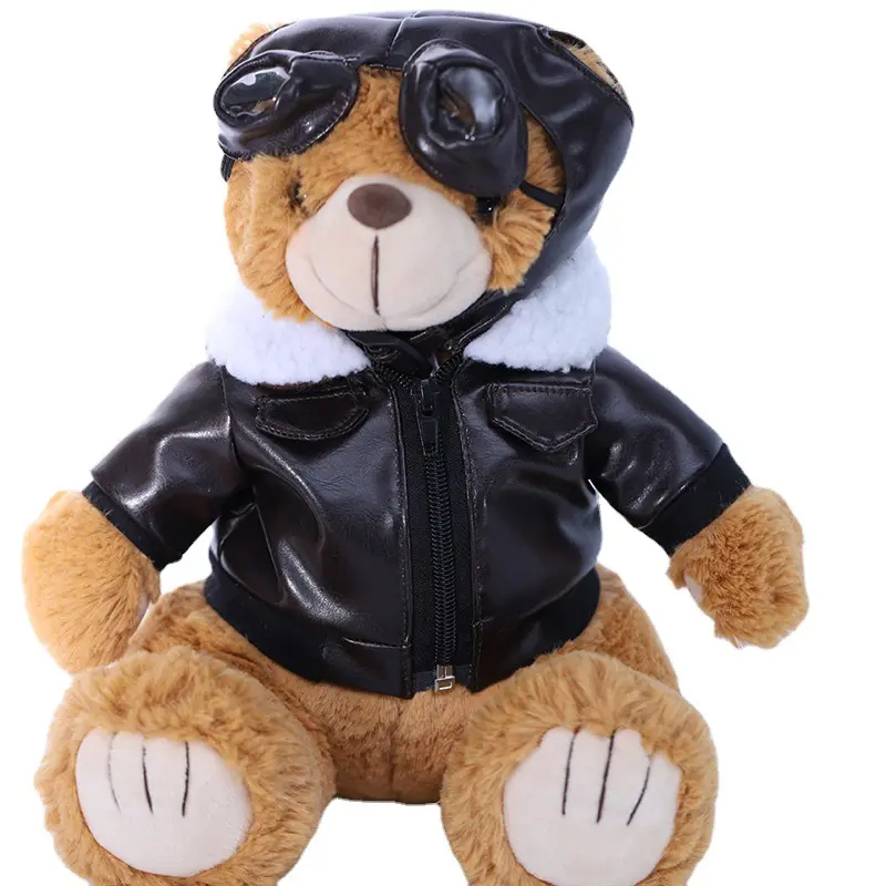 Encantadora motocicleta Teddy Plushie juguetes oso juguetes de peluche lindo oso con chaqueta de cuero casco de alta calidad para coleccionistas niños Fans
