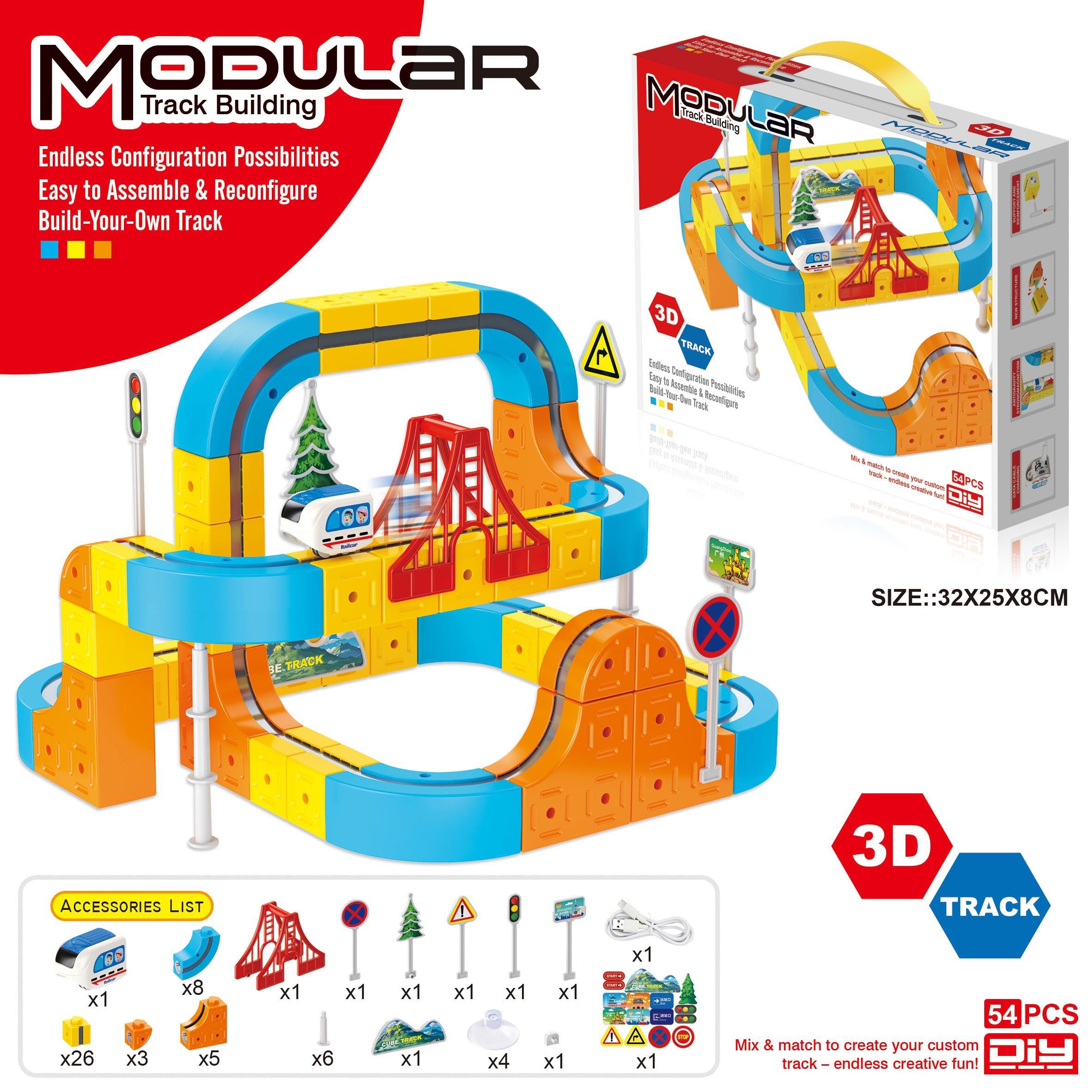 Ensemble de circuit de train 3D transformable - 54 pièces avec accessoires