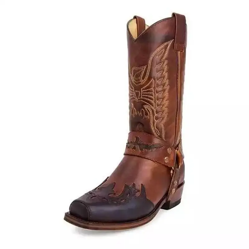 Botas de vaquero de cuero de tacón bajo para mujer, botines estilo occidental, Estilo Vintage, de tubo largo, para otoño
