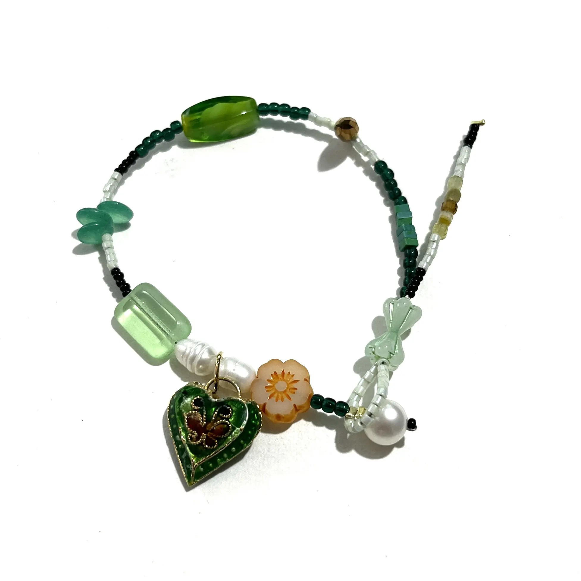 Pulsera de cuentas de arroz de piedra natural personalizada, pulsera de cuentas de cristal checo verde a la moda, pulsera de cuentas con abalorio de corazón, joyería para niña