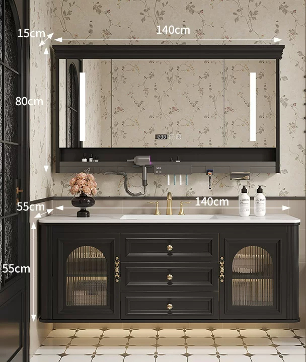 Encimera de piedra integrada de 140 cm con fregadero cerámico + mueble inteligente