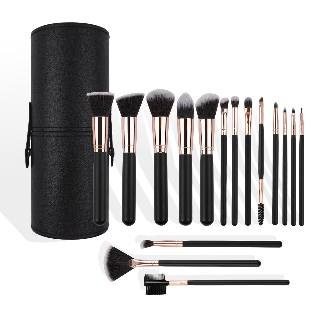 Ensemble de pinceaux de maquillage en bois noir de 16 pièces, avec seau à pinceaux