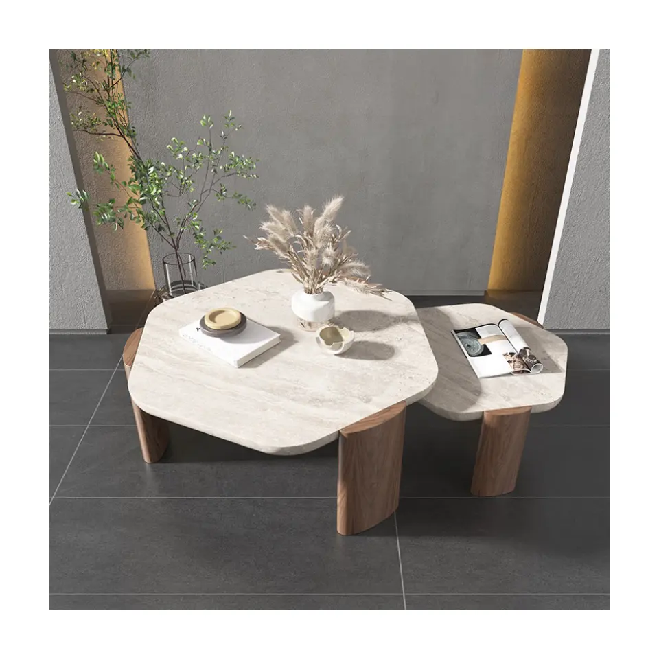 Wabi-Sabi โต๊ะกาแฟหกเหลี่ยมสไตล์ญี่ปุ่นที่ทันสมัยห้องนั่งเล่นนอร์ดิกทราเวอร์ตินชุดโต๊ะกาแฟกลางไม้คุณภาพสูง