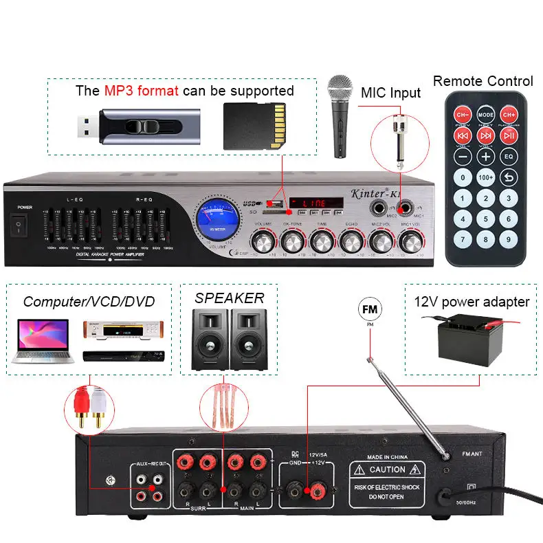 Kinter k1 amplificador home theater de alta potência, com microfone usb sd fm