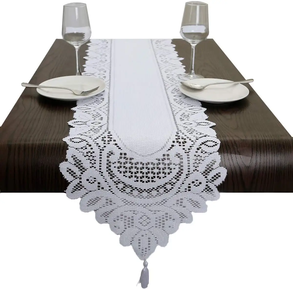 Camino de mesa de encaje Jacquard blanco bordado Floral encaje cómoda bufanda hogar cocina al aire libre boda fiesta superposición Decoración