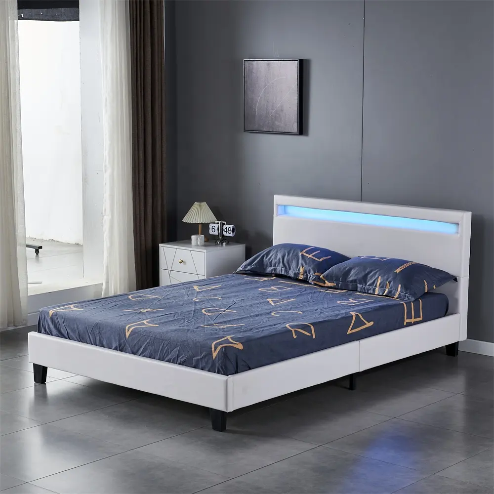 Cama de couro pu de led clássico moderna, cama de couro pu com led