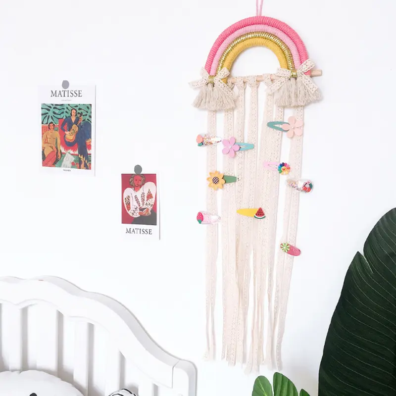 Arcobaleno design appeso a parete intrecciato a mano per bambini accessori per capelli cintura di stoccaggio Macrame appeso a parete decorazione domestica